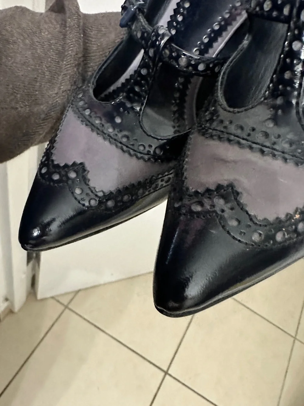 Tory Burch Black and Gray Pointed-Toe Mary Jane Heels